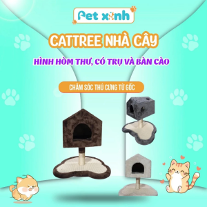 Nhà cây gỗ cho mèo Cattree hình hòm thư, có trụ và bàn cào móng