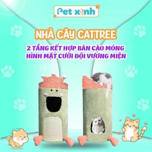 Nhà cây cho mèo Cattree cao cấp 2 tầng kết hợp bàn cào móng mặt cười đội vương miện xinh xắn CT00087